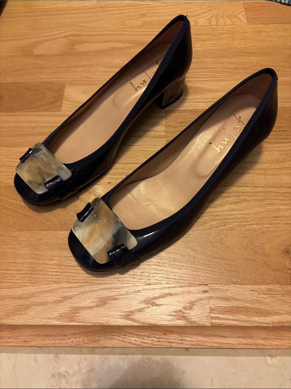 Black Women's Low Block Heel Pumps with Decorative Accent
